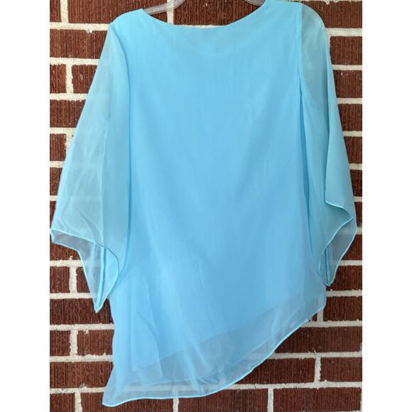 Chico’s Turquoise Tunic Blouse Asymmetric Sheer Overlay 3/4 Sleeves Size 0P (S) - Picture 2 of 4